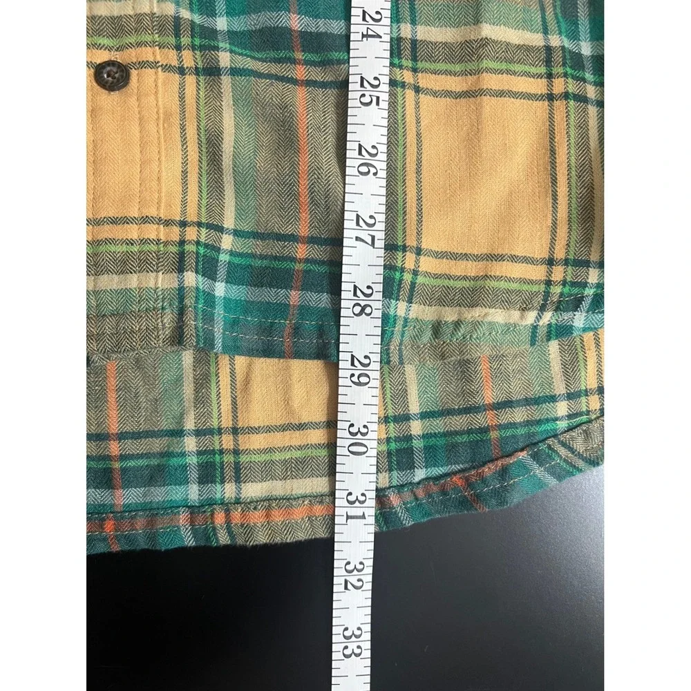 Toad&Co Mens Large Plaid Flannel Shirt Yellow Green Recycled Cotton Blend L/S